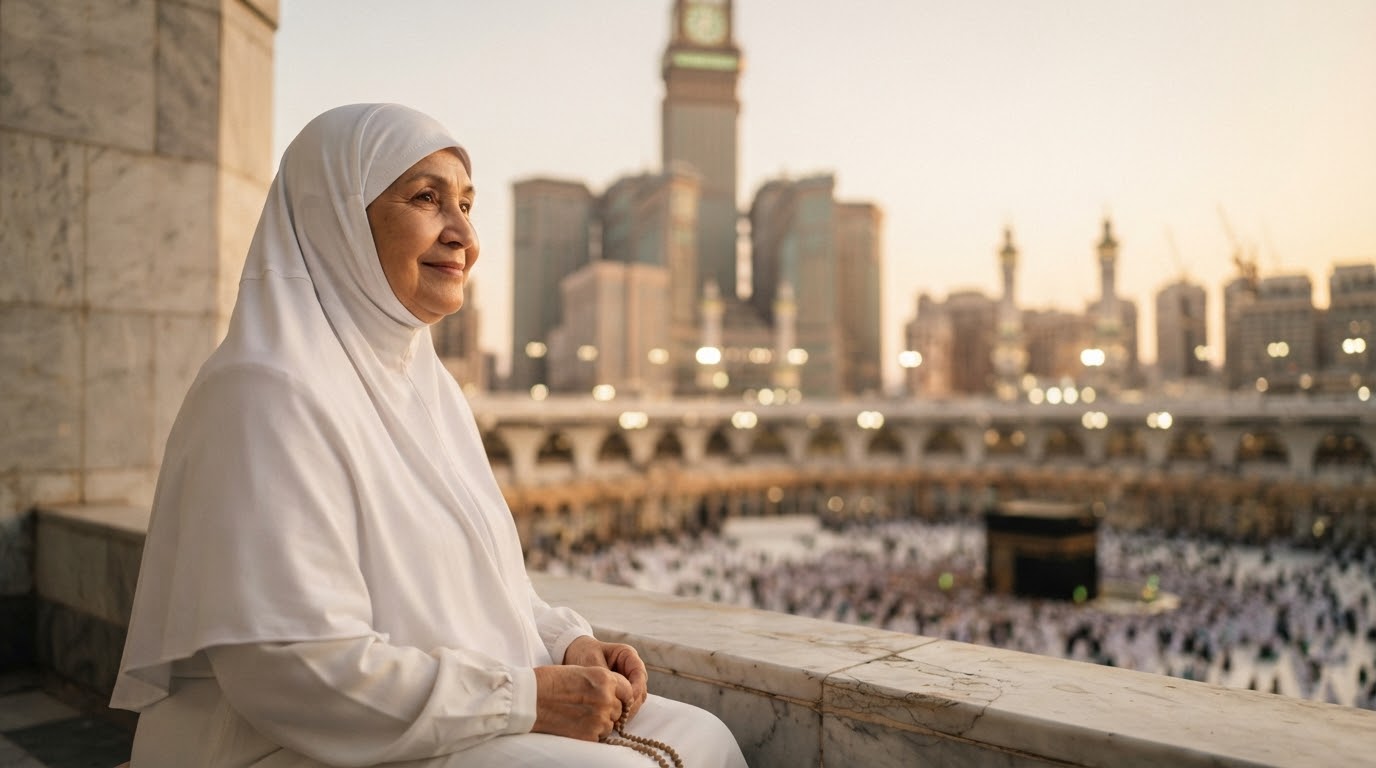 En eldre pilegrim i ihram som ser mot horisonten, med Den store moskeen i Mekka uskarpt i bakgrunnen.